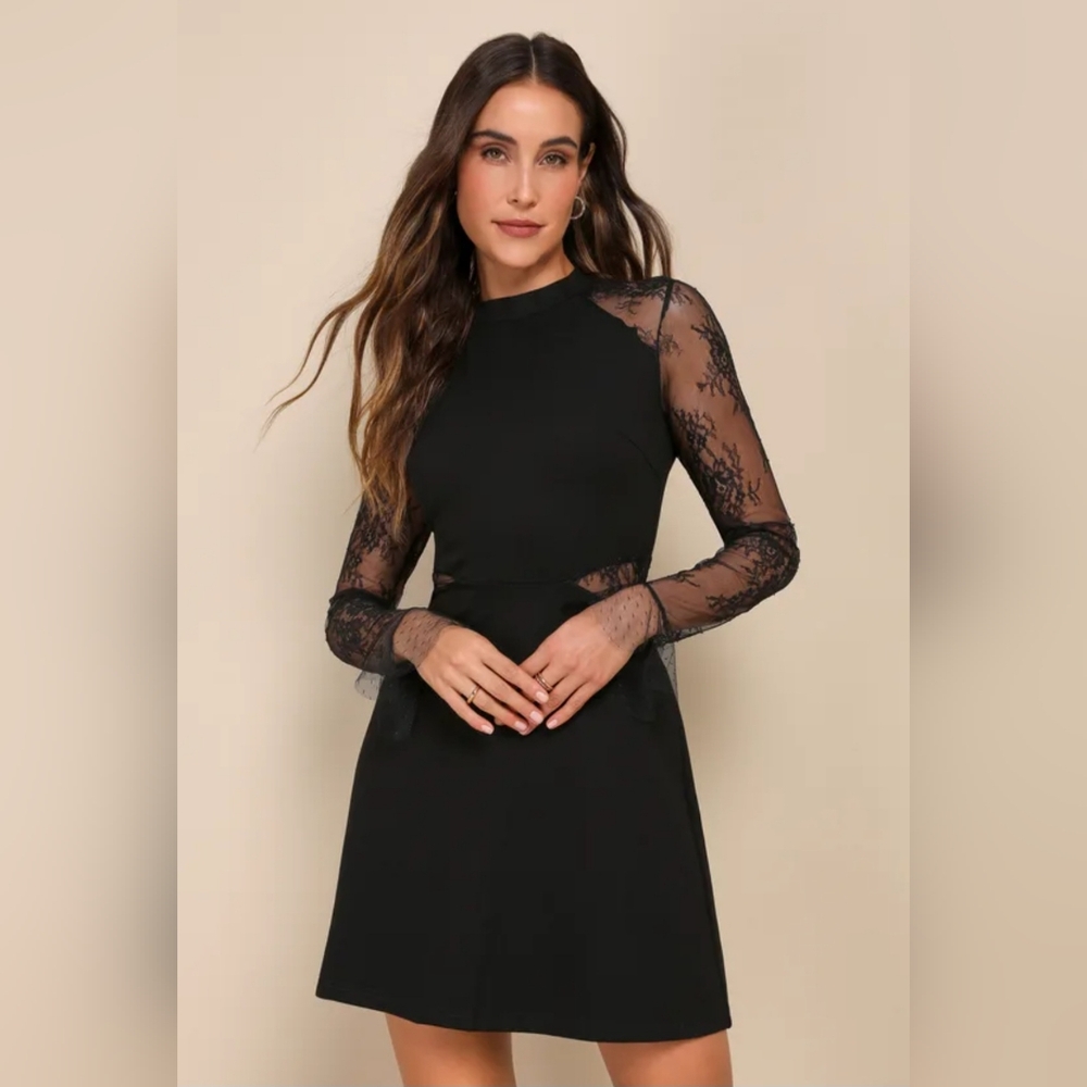 #199 Bragging Rights Black Lace Long Sleeve Skater Dress - Picture 2 of 4